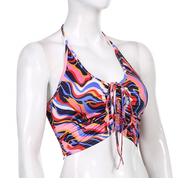 Damen Crop-Bikini-Oberteil mit Kordelzug und farbenfrohem Design Drune