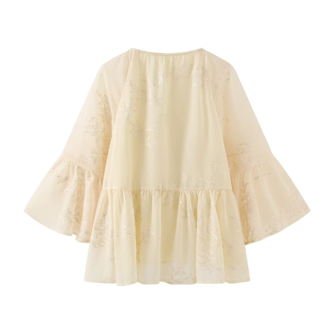 Damen leichtes Blusenshirt mit fließendem Schnitt und eleganten Bindebanddetails Drune