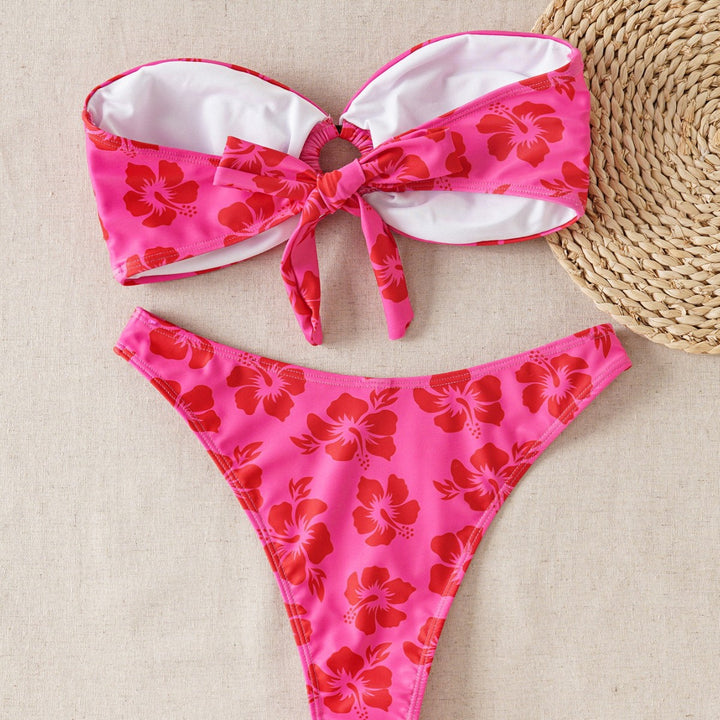 Damen Bandeau-Bikini-Set mit verziertem Knoten und floralem Muster Drune