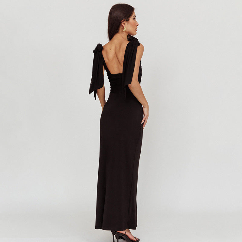 Damen elegantes Maxikleid mit transparenter Spitze und Schulterbändern Drune