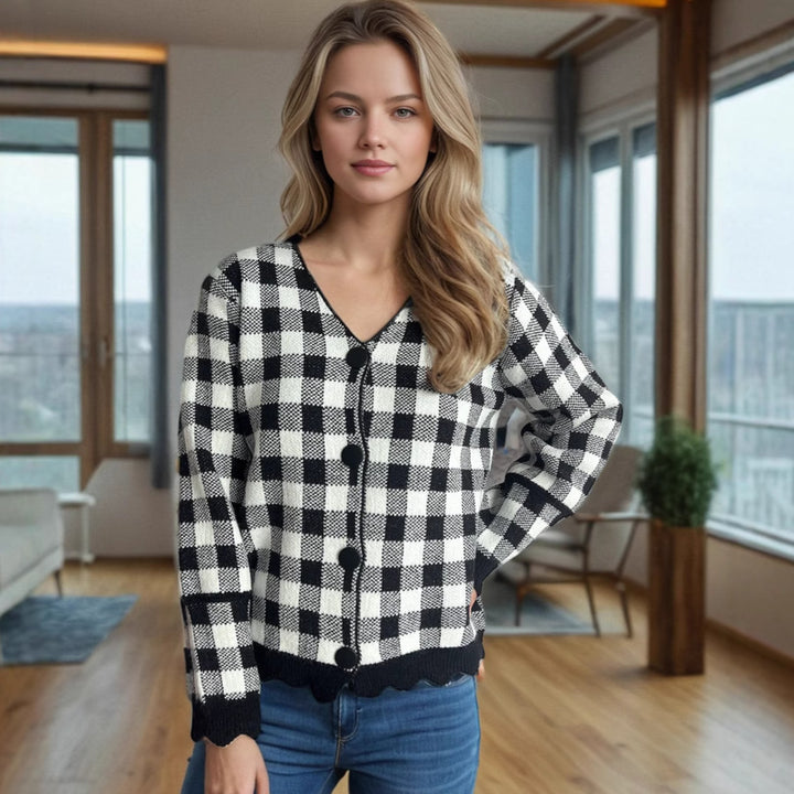 Damen Strickjacke mit Kontrastmuster und Knopfdetails Drune