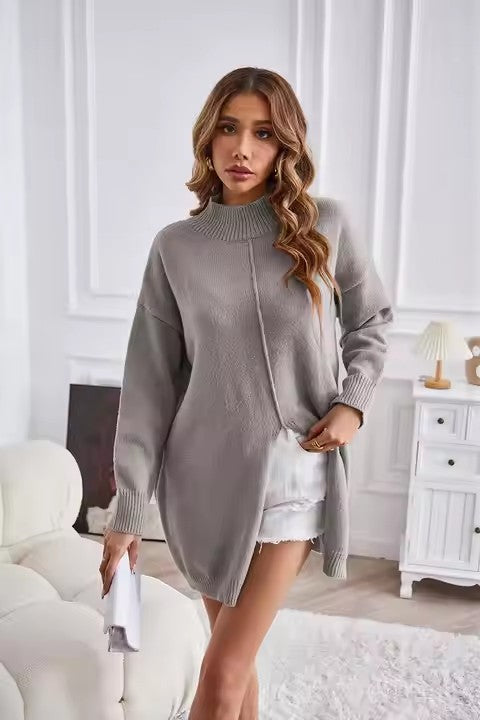 Damen Oversized Strickpullover mit hohem Kragen Drune