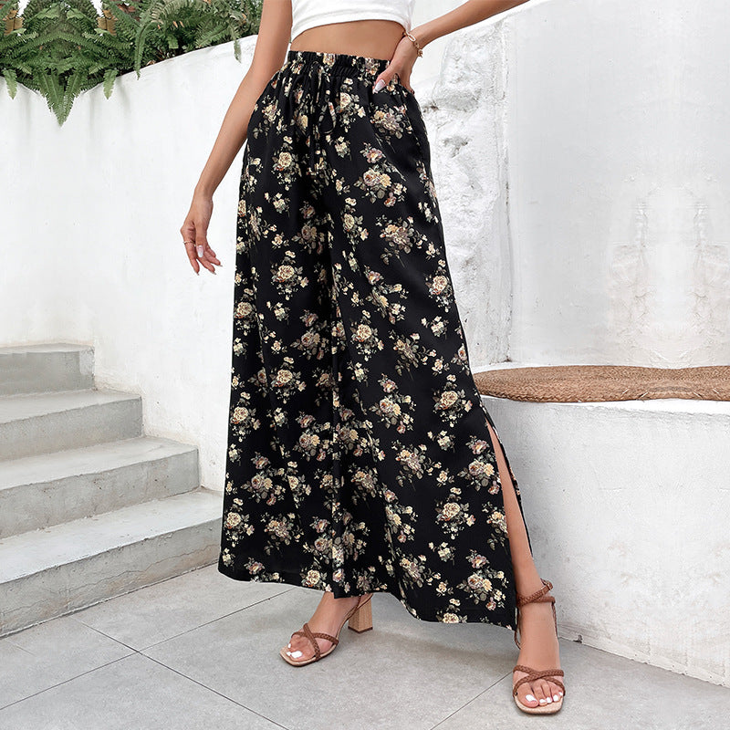 Damen Palazzo-Hose mit floralem Muster und seitlichen Schlitzen Drune