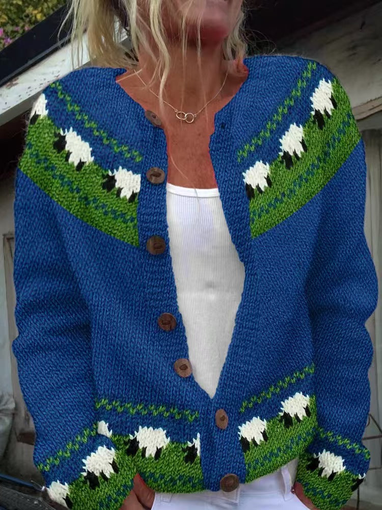 Damen nan gemusterte Strickjacke mit Rundpasse, Holzknöpfen und Eingrifftaschen Drune