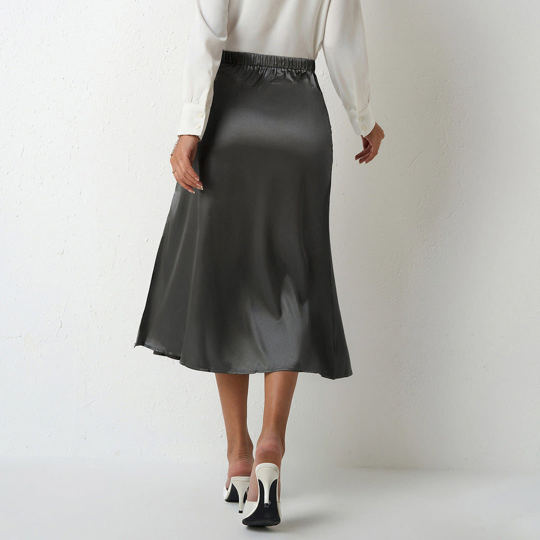 Damen eleganter Satin-Midirock mit fließendem Schnitt und hohem Bund Drune