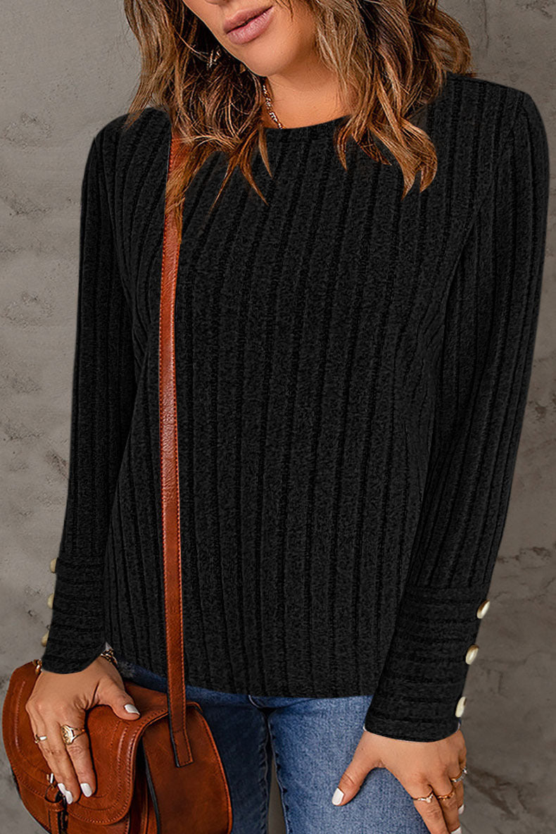 Damen modisches Strickoberteil mit Rippstruktur und eleganten Knopfdetails Drune