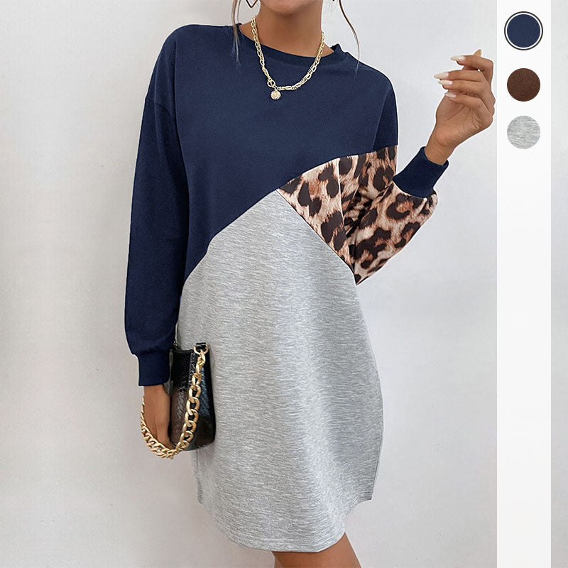 Damen lässiges Sweatkleid mit tierischem Muster und modischem Farbblock-Design Drune