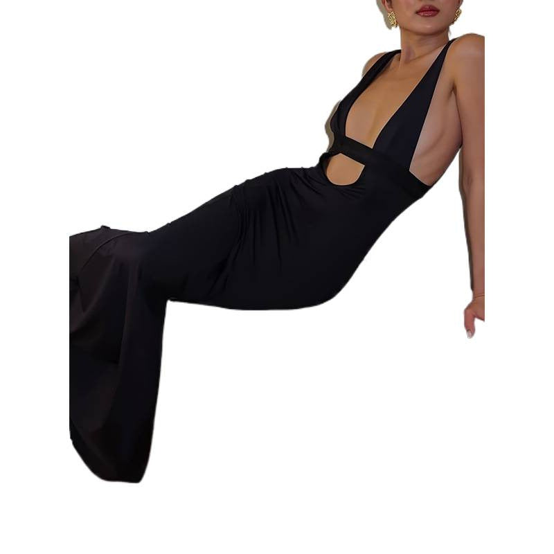 Damen figurbetontes Maxikleid mit tiefem V-Ausschnitt und elegantem Schlitz Drune