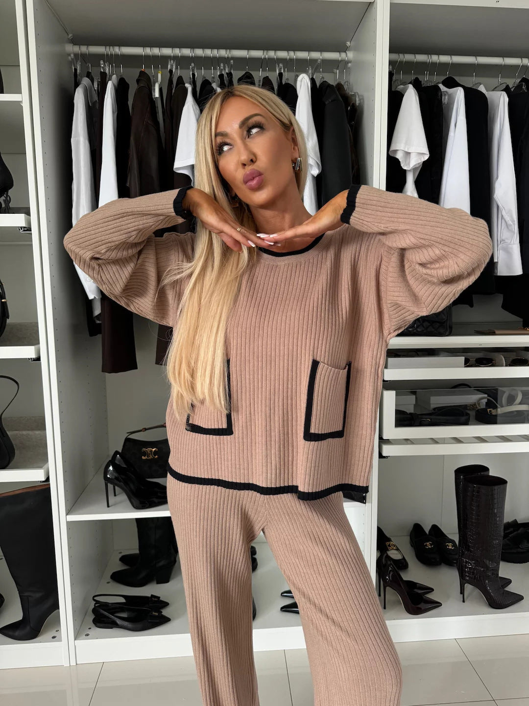 Damen modisches Strick-Set mit lässigem Komfort und praktischen Taschen Drune
