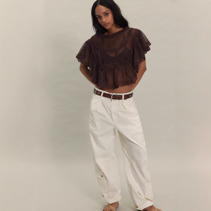 Damen Elegante Häkelbluse mit voluminösen Rüschendetails und transparentem Stoff Drune