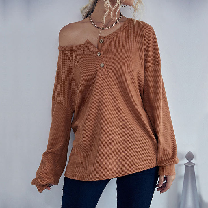 Damen lässiges Pullover mit Knopfleiste und Struktur Drune