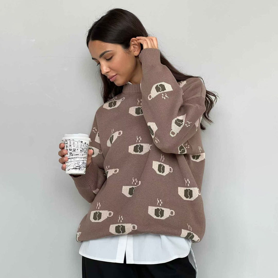 Damen Gemusterter Strickpullover mit Kaffeetassen-Motiv und angenehmem Sitz Drune