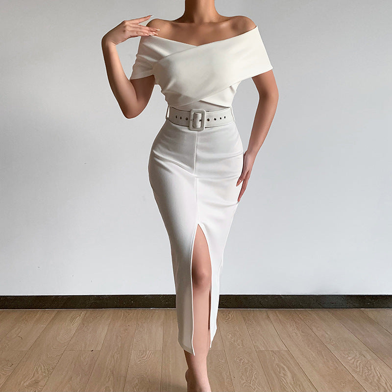 Damen Off-Shoulder Maxikleid mit Taillengürtel und seitlichem Schlitz Drune