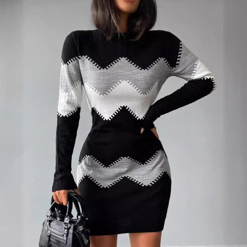 Damen nan Longsleeve-Strickkleid mit Chevron-Muster, geradem Saum und körperumspielender Passform Drune