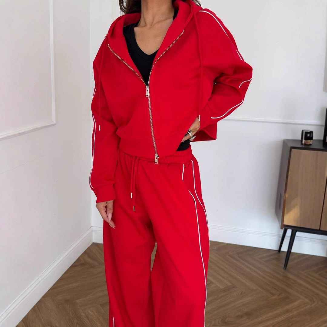 Damen Sportliches Jogging Ensemble mit Kapuze und seitlichen Streifen Drune