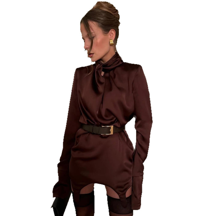 Damen Elegantes Satin-Minikleid mit hochgeschlossenem Kragen und Raffungsdetails Drune