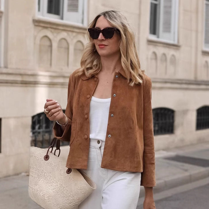 Damen Suede Jacke mit geschlossenen Knöpfen Drune