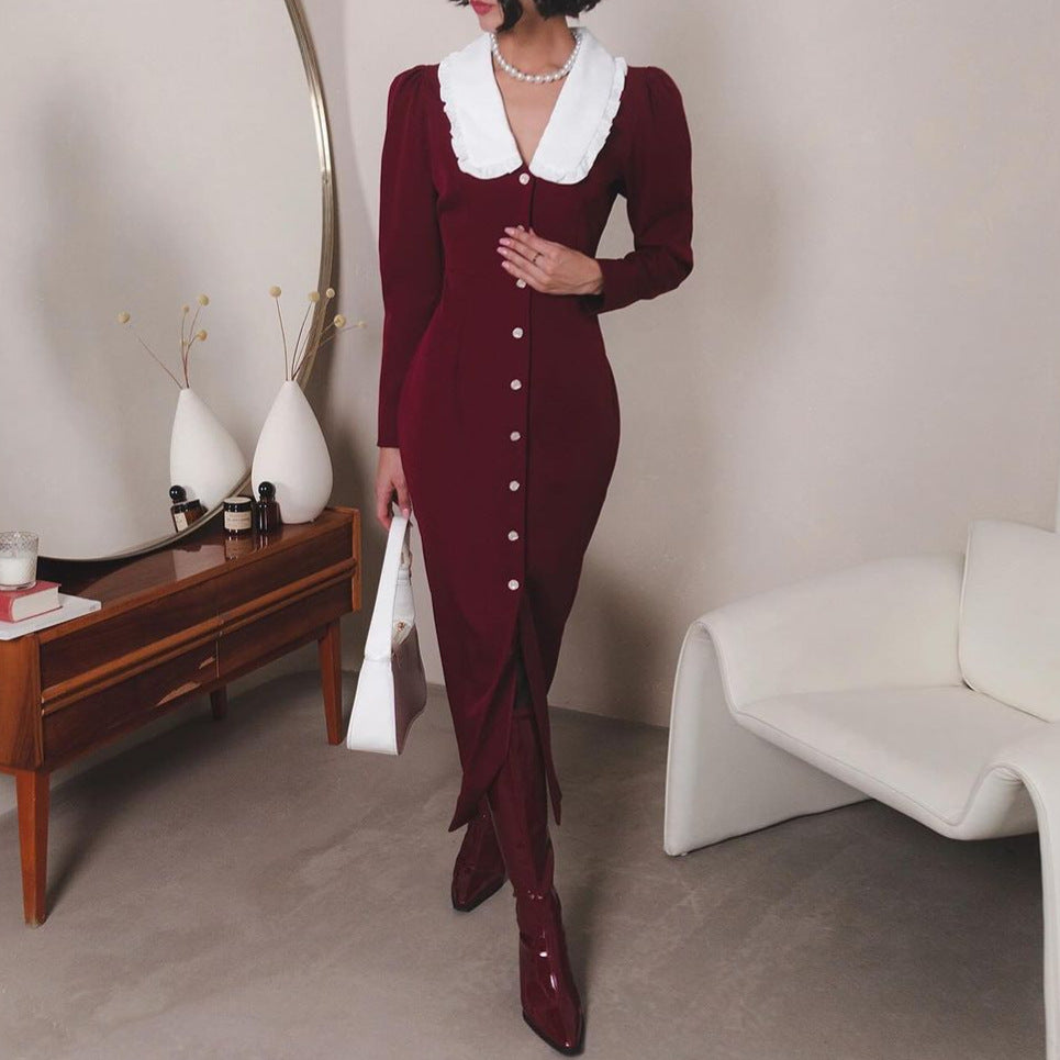 Damen Elegantes Maxikleid mit kontrastierendem Kragen und Knopfdetails Drune