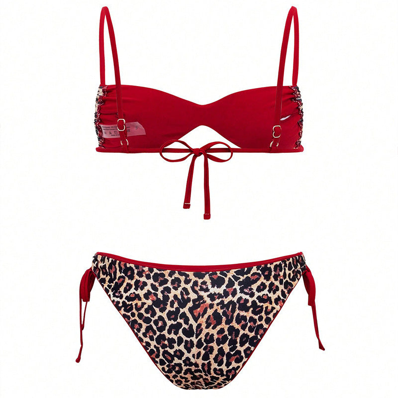 Damen Triangel-Bikini mit modischen Bindebändern und stylischem Leopardenmuster Drune