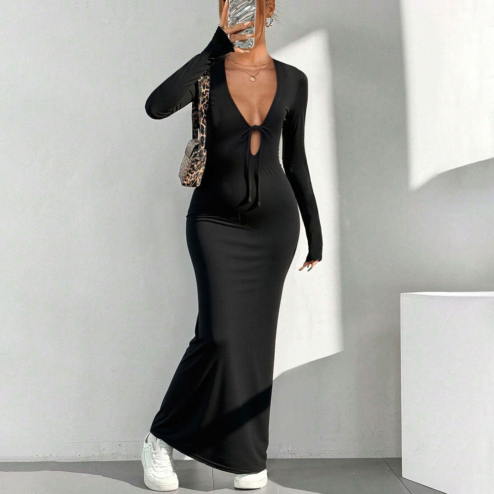Damen Maxikleid mit tiefem V-Ausschnitt und schickem Knotenverschluss Drune