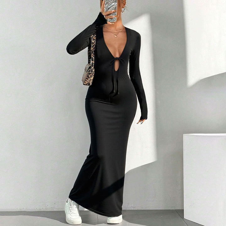 Damen Maxikleid mit tiefem V-Ausschnitt und schickem Knotenverschluss Drune