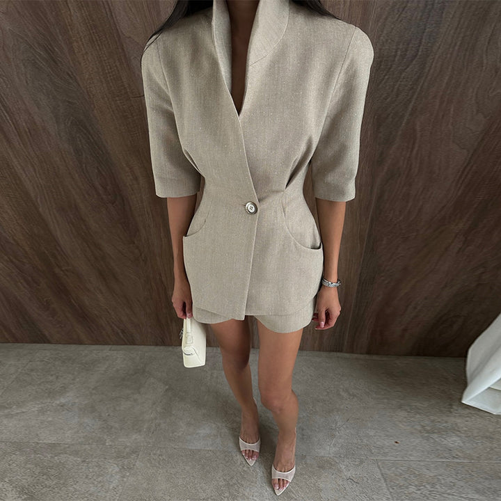 Damen elegante Blazerjacke mit hohen Kragen und praktischen Taschen Drune