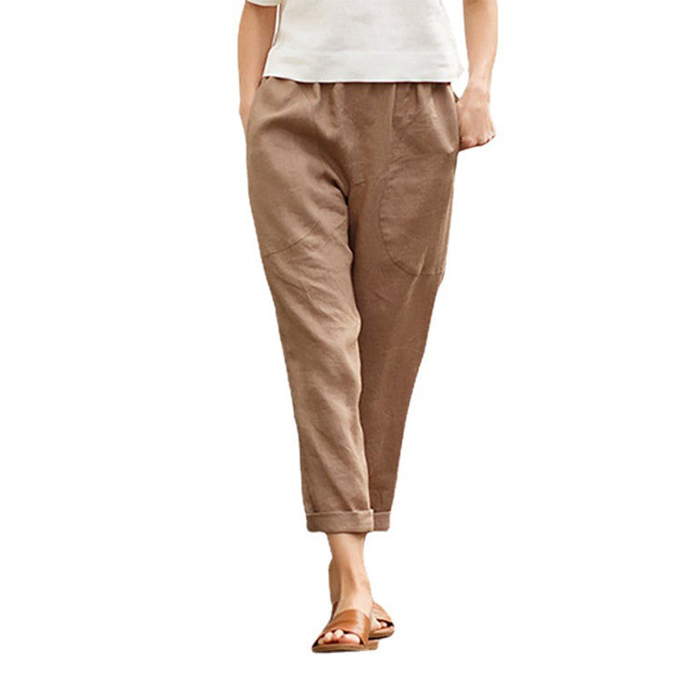 Damen nan leichte Leinenhose mit elastischem Bund, seitlichen Eingrifftaschen und gekrempeltem Saum Drune