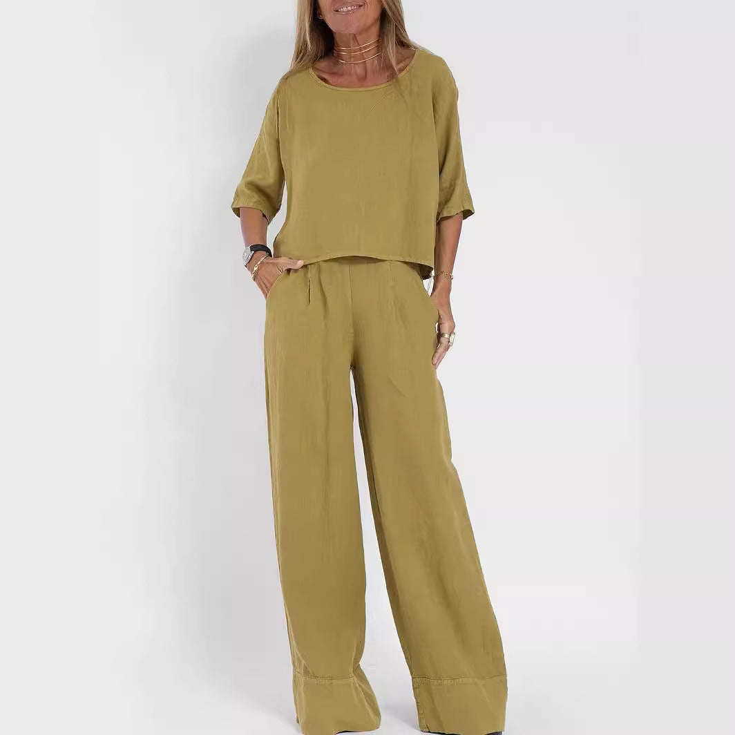 Damen lässiges Leinen-Set mit weitem Oberteil und palazzo Hosen Drune