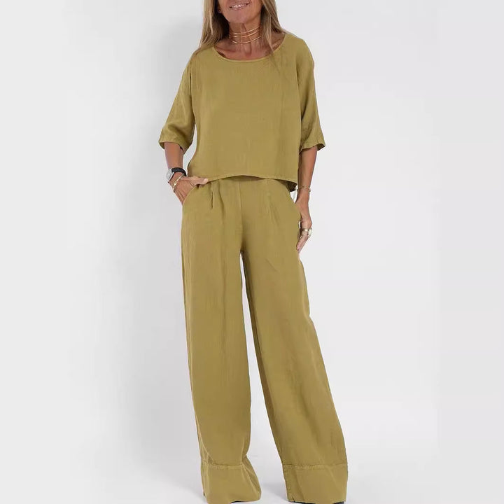 Damen lässiges Leinen-Set mit weitem Oberteil und palazzo Hosen Drune