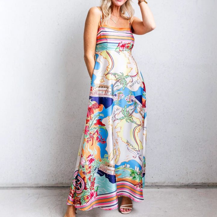 Damen Maxikleid mit buntem Druck und spaghetti Trägern Drune