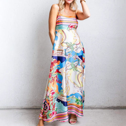 Damen Maxikleid mit buntem Druck und spaghetti Trägern Drune