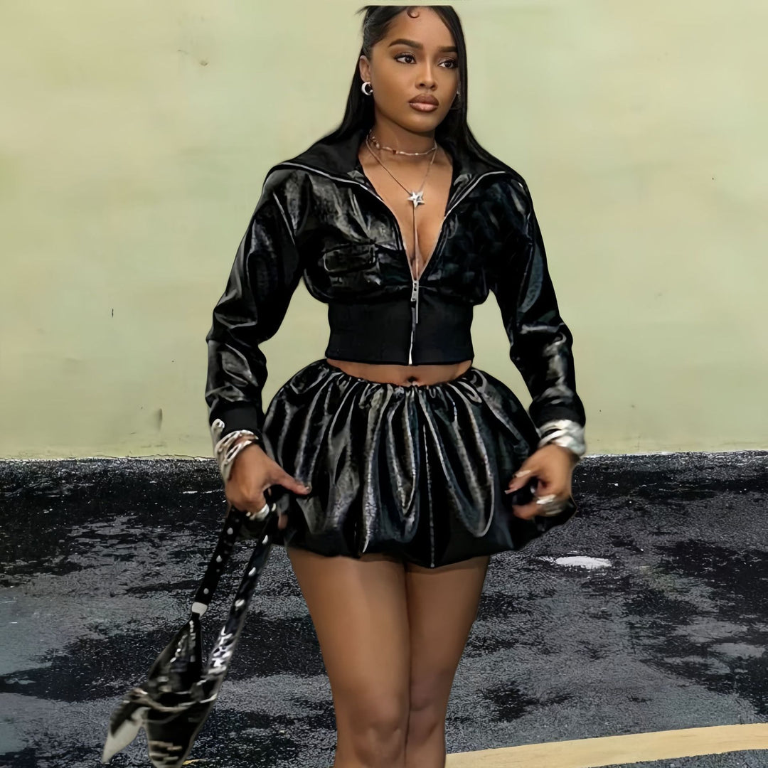 Damen Kurzjacke mit glänzendem Finish und elastischem Bund Drune