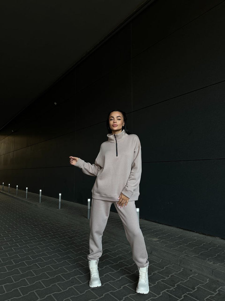 Damen modisches Fleece-Loungewear-Set mit Reißverschluss Drune