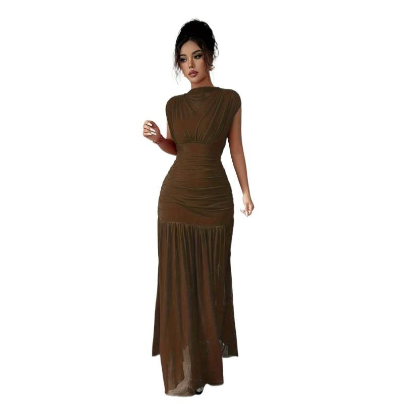 Damen Elegantes Maxikleid mit raffiniertem Drapée und transparentem Rock Drune