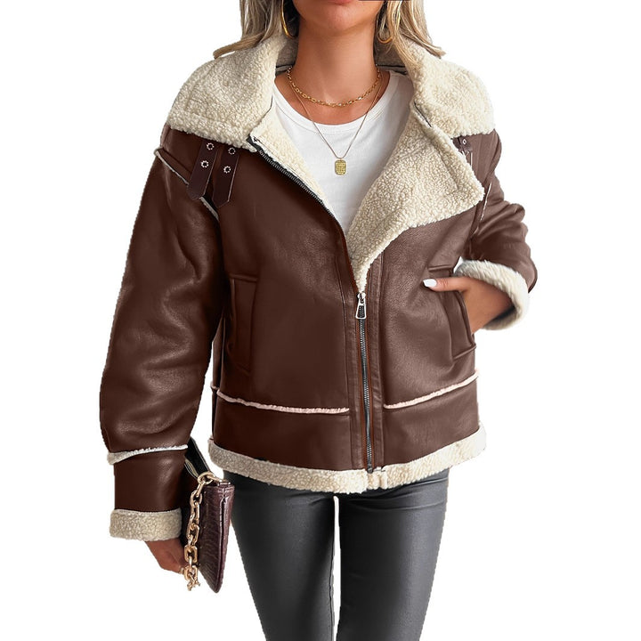 Damen stylische Kunstlederjacke mit Schaffellkragen Drune