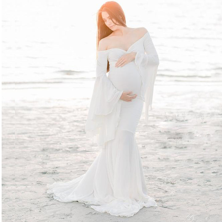Frauen Elegant Off-Shoulder Schwangerschaft Maxikleid Drune