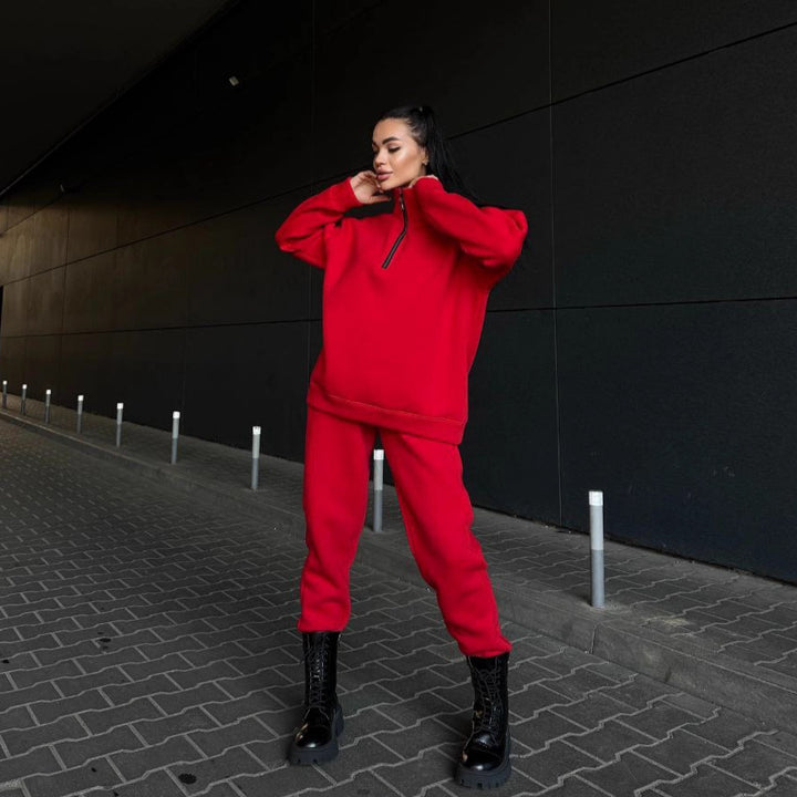 Damen sportliches Fleece-Set mit hohem Kragen und praktischen Reißverschlusselementen Drune