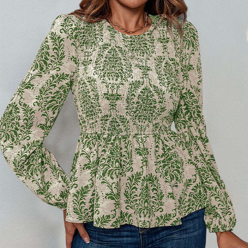 Damen Bluse mit eleganter Rüschennähten und floralem Muster Drune
