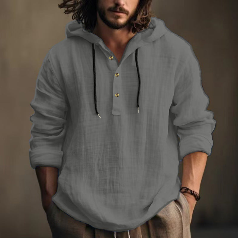 Herren nan leichtes Kapuzen-Henley Leinenhemd mit Knopfleiste und Kordelzug Drune