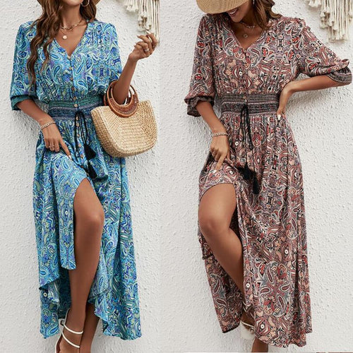 Damen Maxikleid mit abnehmbarem Taillengürtel und kunstvollem Muster Drune