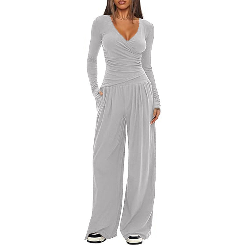 Damen Eleganter Wickel-Jumpsuit mit weitem Bein und modischen Details Drune