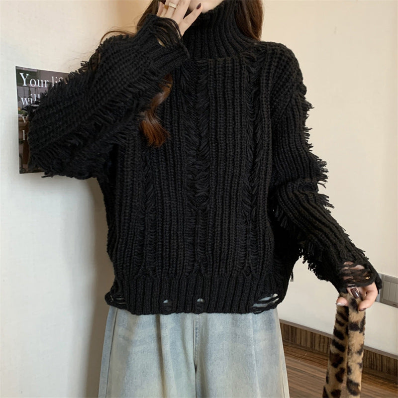 Damen Grobstrickpullover mit hohem Kragen und fransigen Designelementen Drune