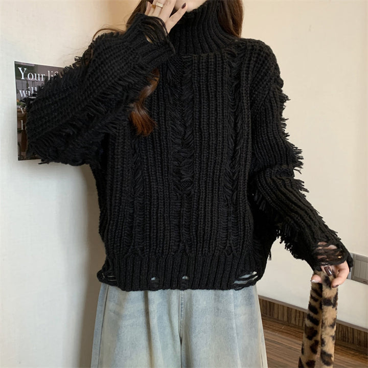 Damen Grobstrickpullover mit hohem Kragen und fransigen Designelementen Drune