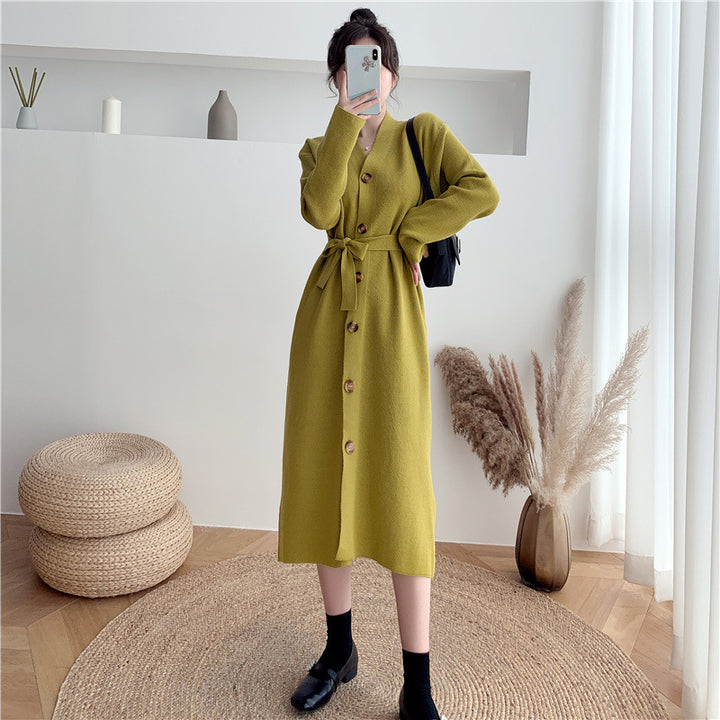 Damen elegantes Strickkleid mit Gürtel und Knöpfen Drune