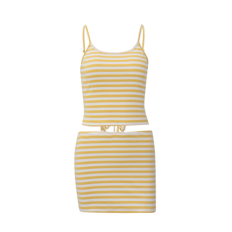 Damen Sommerliches Mini-Rock-Set mit gestreiftem Top und elastischer Passform Drune