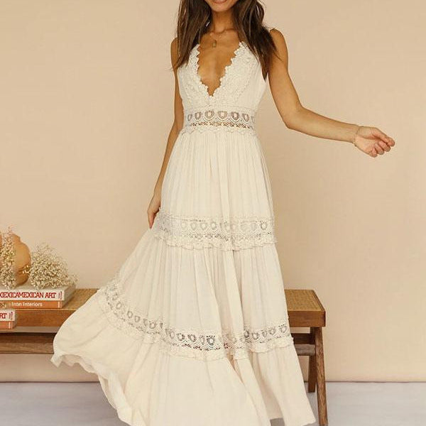 Damen elegantes Maxikleid mit Spitzenakzenten und tiefer Rückenpartie Drune
