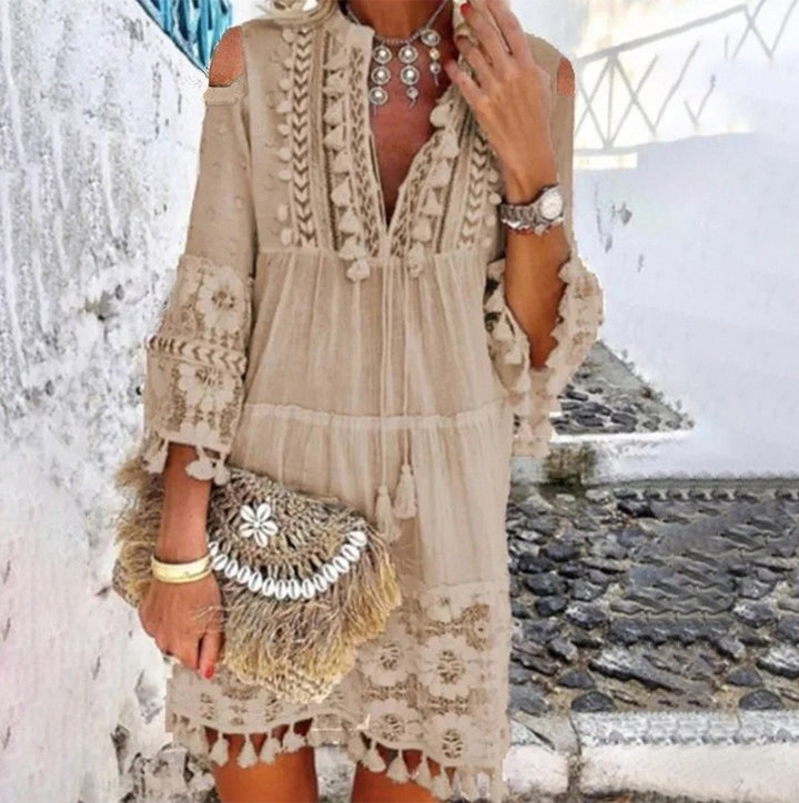Damen Boho-Tunika mit Spitzendetails und offenen Schultern Drune