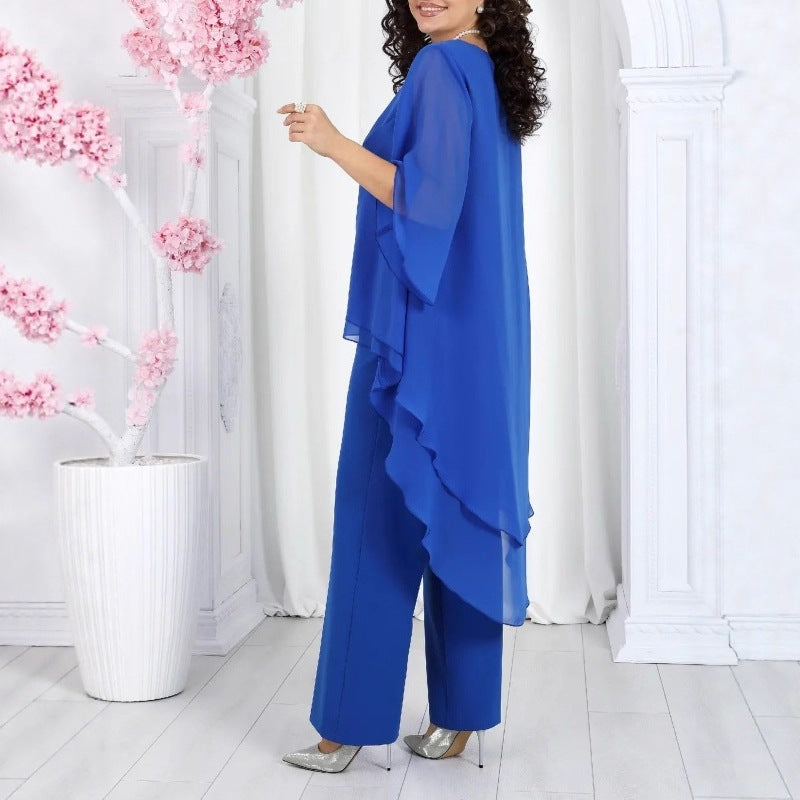 Damen Schicke Tunika mit Transparenter Überlagerung und Eleganten Pants Drune