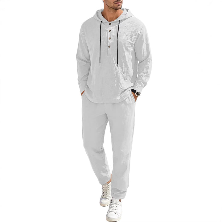 Herren nan entspannter Kapuzen-Henley Freizeitanzug aus leichter Baumwollmischung in Leinenoptik mit Kordelzug und elastischer Bundhose Drune