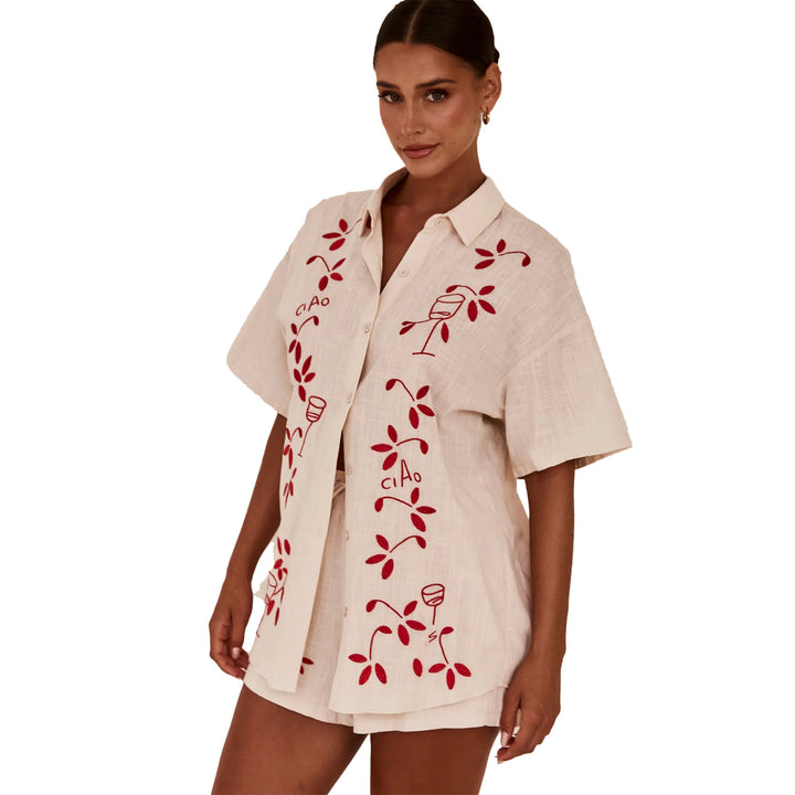 Damen Luftiges Kurzarmhemd und Shorts Set mit floralem Stickdesign Drune